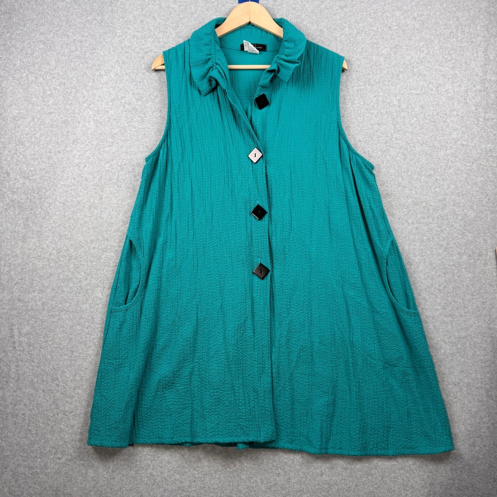 Yushi Tunic Top Womens XL Teal Green Sleeveless Crinkle Pockets Lagenlook Boho